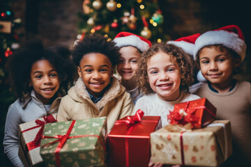 group portrait of diverse kids with gift boxes during christmas holidays looking at camera.