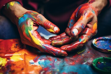 Wall Mural - Close up artists hands unrecognizable painter woman man female male dirty palms painted painting creating art therapy mixing blending paints colors drawing colorful picture artwork workshop hobby draw