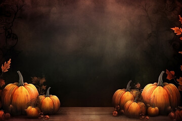 An Halloween background with scary and creepy carved pumpkin, orange background