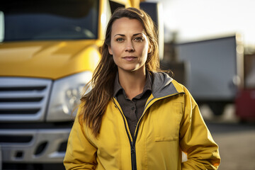 AI generated photography of beautiful woman professional truck driver standing in front of own fast car outside