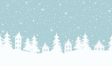 Winter Background. Christmas Village. Seamless Border. Fairy Tale Winter Landscape. White Houses, Fir Trees On Light Blue Background. Vector Illustration
