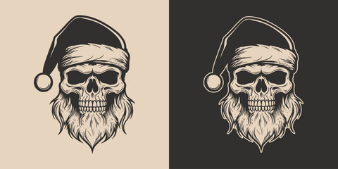 Poster - Vintage retro tattoo bad scary horror spooky skull skeleton santa claus in hat. Merry christmas xmas new year holiday halloween poster. Graphic Art. Engraving vector style