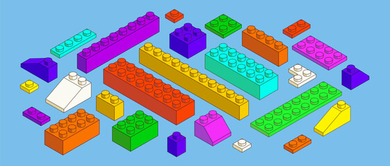 Poster - blocks. Isometric brick build. Plastic play pattern. Colorful development toy. Color cube. Construct part. Geometric shapes. Isolated square and rectangle elements. Vector concept