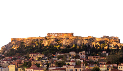 Wall Mural - Athens, Greece. Acropolis rock and Monastiraki square isolated on white transparent background, PNG.