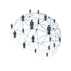 Poster - Digital Networks, IT, Global Business Connections - Team Work or Social Media Concept Design, Connected People and Transparent Polygonal Globe, Network Mesh - Web Template Isolated on White Background