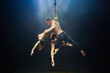 © Dima - Aerial straps duo performance: a man and woman execute graceful acrobatic feats in mid-air against a black background, dressed in black and illuminated by a white-blue glow