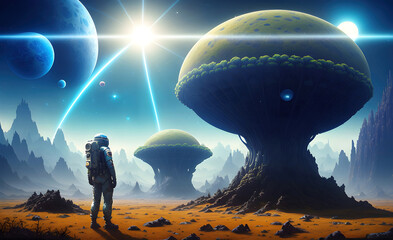 Wall Mural - alien planet landscape with glowing sun and mountains with fantastic rocks formations 3d illustratio