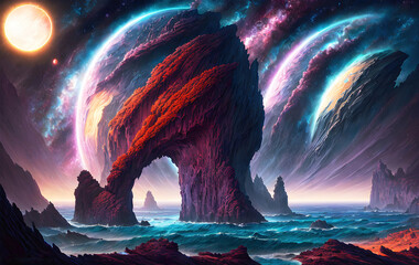 Wall Mural - alien planet landscape, 3d illustration of imaginary, fictional another planet background.