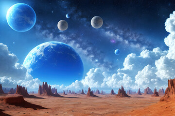 Wall Mural - alien planet landscape, 3d illustration of imaginary, fictional another planet background.