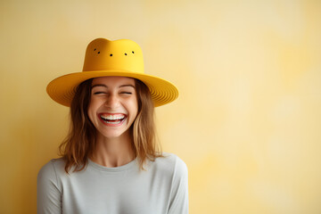 Wall Mural - A cheerful portrait of a person wearing a smiley face hat