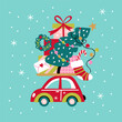 Christmas holiday cute greeting card with car, Christmas tree and gift boxes. Childish print for cards, stickers, apparel and decoration. Vector illustration