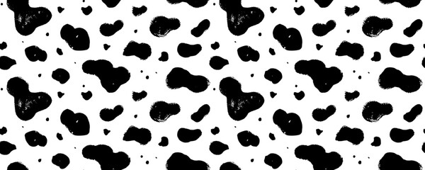 Fototapete - Dalmatian or cow animal fur seamless pattern. Simple irregular vector design. Brush drawn black blobs, spots and dots. Seamless fur texture. Horizontal dalmatian background. Grunge abstract pattern.