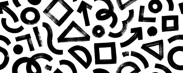 Aufkleber - Modern abstract background with primary geometric shapes. Brush drawn circles, triangle, square, arrow and wavy lines. Creative abstract geometric banner background in grunge sketch style.
