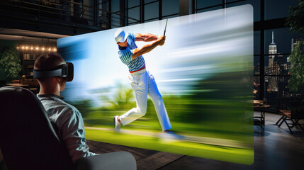 Man watching a golfer using VR goggles in his living room
