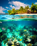 Fototapeta Do akwarium - Tropical water with corals and colorful fishes, and a palm tree beach in the background. Concept of the tropics, warmth and vacation time. Half underwater and half above water. Shallow field of view.