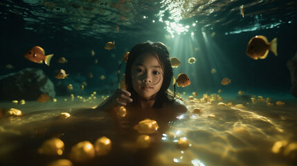 Wall Mural - Closeup of beautiful woman playing underwater at night