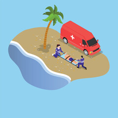 Ambulance service on the seaside isometric 3d vector concept for banner, website, illustration, landing page, etc