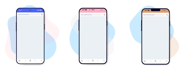 Poster - Mobile phone mockup set - Collection of smartphones with blank browser screen with abstract blob shape design element background. Flat design vector illustrations