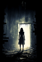 Wall Mural - Lonely Girl stands in dark room, in-front of door light, dramatic light, horror movie poster