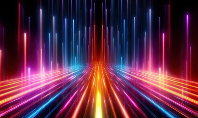 Wall Mural - neon futuristic flashes on black background. motion light lines backdrop. for banner, postcard, book