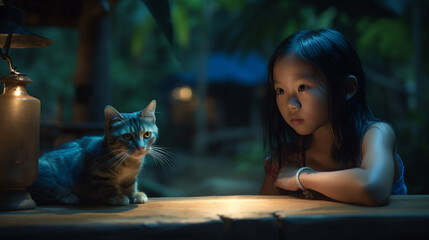 Wall Mural - child and cat in garden table