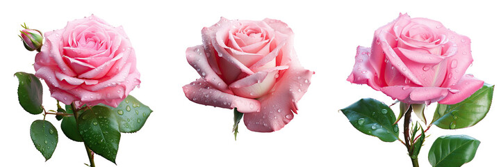 Poster - Pink rose with green leaves raindrops on transparent background