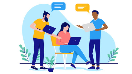 Poster - Developers talking and discussing - Computer workers working and having conversation with laptops and speech bubbles. Flat design vector illustration with white background