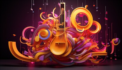 Wall Mural - modern multicolor music background with abstract structure and musical notes, futuristic and surreal sound sculpture with curved shapes