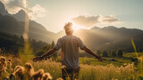 Fototapeta Natura - rear view carefree freedom successful male standing confident looking at the end of skyline in the grass field meadow landscape summertime sunset moment nature background,ai generate