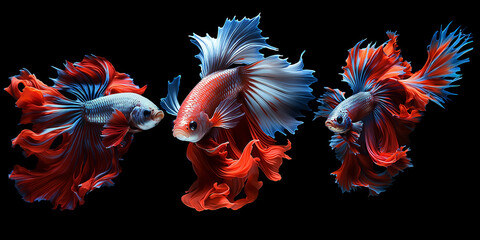 betta fish, Siamese fish fighters, ios background style, siamese fish fighting isolated on black background, betta splendens isolated beautiful tail, 