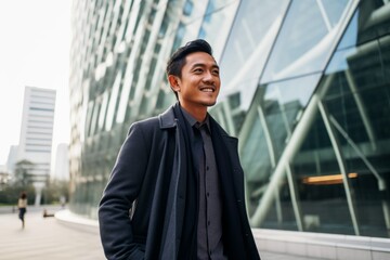 Wall Mural - Portrait of young handsome asian businessman in front of modern building