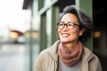 Wall Mural - Portrait of smiling asian senior woman wearing eyeglasses outdoors