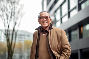 Wall Mural - Portrait of smiling senior man with eyeglasses in the city