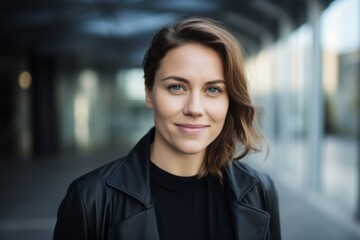 Wall Mural - portrait of smiling businesswoman in black jacket looking at camera in city