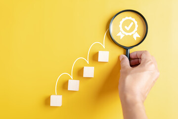 Fototapete - Quality Certificate and Checklist document analyst target marketing planning assignment with quality management. Standardization, certification. Compliance to regulations service and standards.