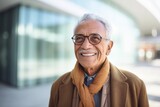 Fototapeta  - Portrait of smiling senior man with eyeglasses in the city