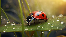 Macro Close-up Of A Ladybug With Water Droplets On A Leaf