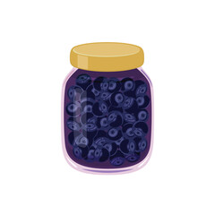 Wall Mural - Bilberry jam in glass jar. Vector flat icon of organic sweets. Healthy food illustration.