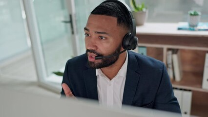 Poster - Call center, consultant and man with telemarketing, speaking and connection with tech support, talking and help. Professional, sales agent and employee with customer service, headphones and ecommerce