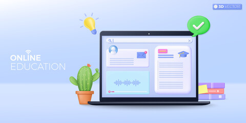 3d online education icon symbol. Noteook computer, stacks of book, cactus, speech bubble, online course application, e-learning concept. 3D vector isolated illustration, Cartoon pastel Minimal style.