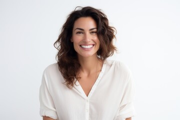 Canvas Print - Portrait of a Brazilian woman in her 30s in a white background wearing a simple tunic