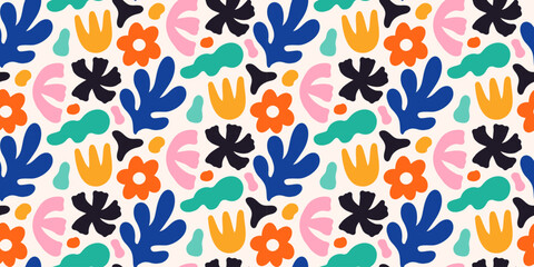 Seamless pattern with matisse abstract botanical shapes. Colorful trendy creative artistic elements on light background.