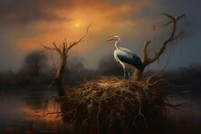 A Beautiful Oil Painting Of A Stork In Its Nest During Twilight. Generative AI