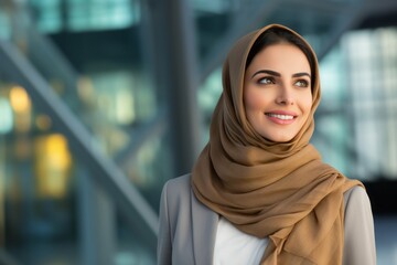 Portrait of a Saudi Arabian woman in her 30s in a modern architectural background wearing a foulard