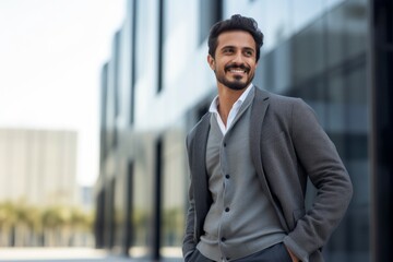 Wall Mural - Portrait of a Saudi Arabian man in his 30s in a modern architectural background wearing a chic cardigan