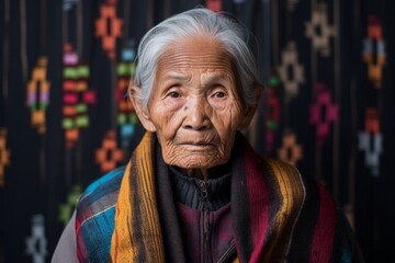 Wall Mural - Portrait of a 100-year-old elderly Indonesian woman in an abstract background wearing a chic cardigan