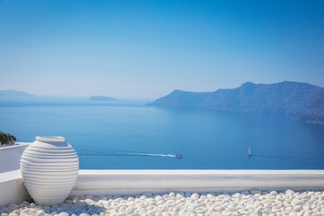 Wall Mural - Famous Santorini background. Greece, Santorini island - white architecture and blue sea and sky. Abstract background, empty space. Greek Islands, Santorini