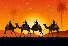 Image Of Three Kings On Camels With Gifts, Celebrating Christmas In A Desert Under An Orange Sky With A Star. Generative AI