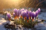 Crocus blooms on melted snow with sunlight signal the end of winter. Generative AI