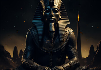 Egyptian pharaoh Sphinx statue in black marble at night in front of Giza pyramids, Old Egyptian Civilization